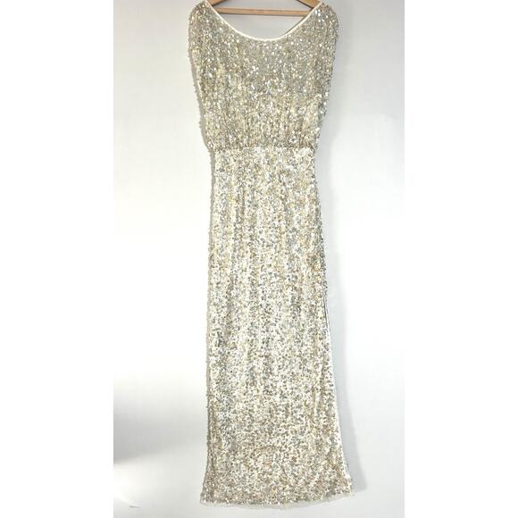 JS Collections Champagne Silver Sequin Gown Formal Evening Maxi Dress Size 12 - Picture 3 of 13
